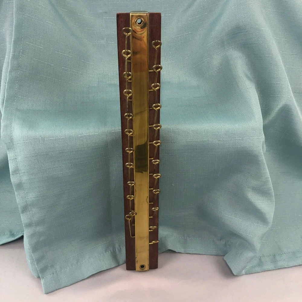 Vintage Wood and Brass Wall Mount Tie Rack Organizer 24 Hook Mid Century Style